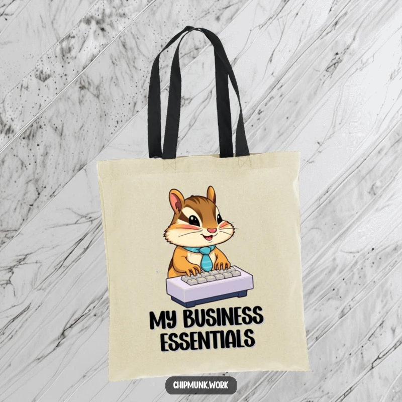 Funny chipmunk wearing a tiny tie, typing on a miniature keyboard, printed on a tote bag for a humorous work accessory.