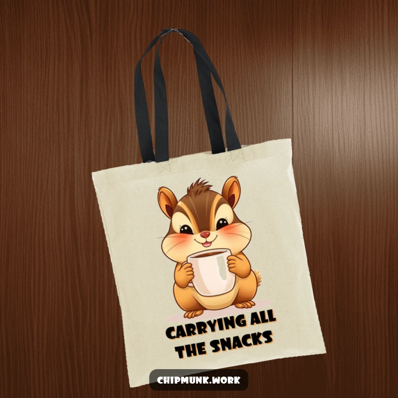 Funny tote bag featuring a smiling chipmunk with chubby cheeks holding a tiny coffee cup. A humorous and useful accessory.