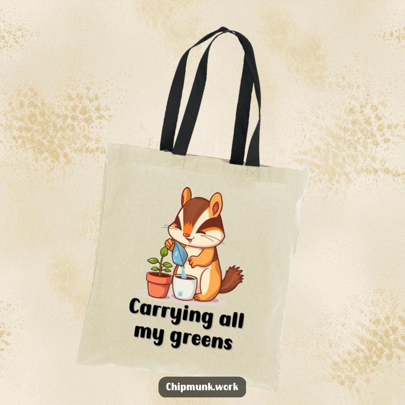 Funny chipmunk tote bag, enthusiastically watering a small desk plant, a practical and humorous accessory for plant lovers.