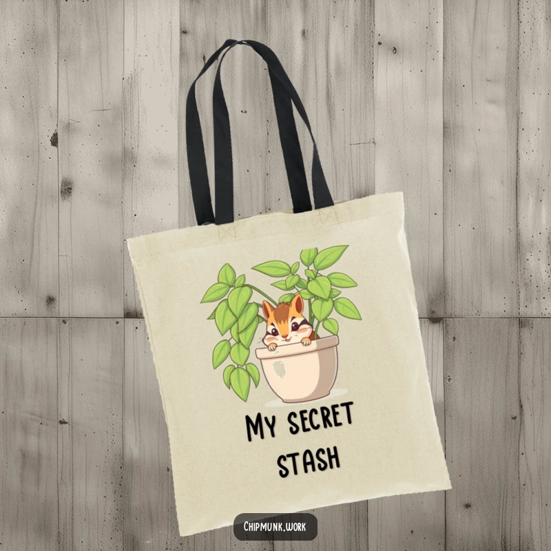 Funny chipmunk peeking from a potted office plant on a durable tote bag, ideal for shopping or daily use.