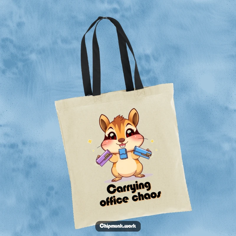 Funny chipmunk tote bag showing an excited chipmunk juggling three staplers, perfect for carrying your daily essentials.