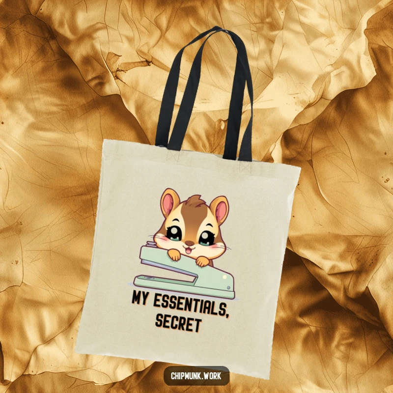 Funny kawaii chipmunk tote bag with a cute squirrel peeking from behind a large office stapler with big eyes.