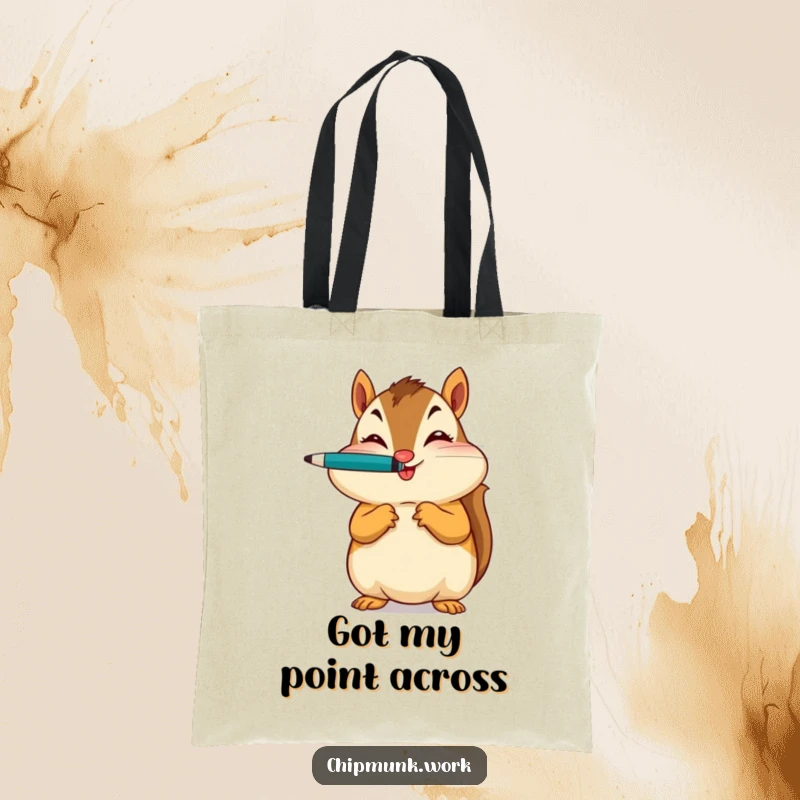 Funny tote bag printed with a chipmunk balancing a pen on its nose and winking, a humorous and practical accessory.