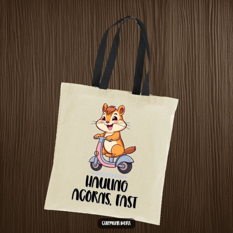 Funny chipmunk joyfully riding a desk chair scooter on a tote bag, showcasing whimsical office fun and practicality, an excellent humorous gift.