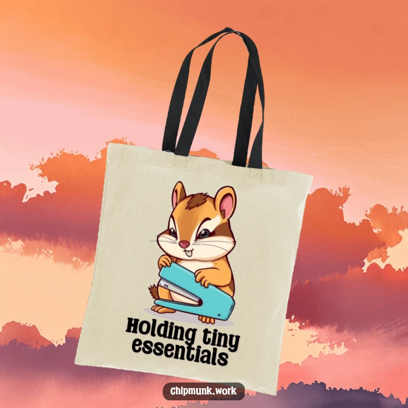 Funny chipmunk determinedly using a miniature stapler, a humorous tote bag for carrying documents and ambition.
