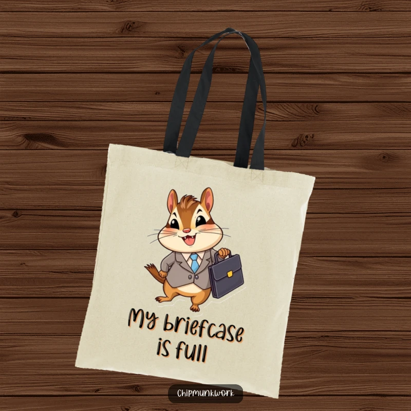 Funny Business Chipmunk Tote Bag featuring a chipmunk in a suit holding a briefcase, perfect for carrying essentials with a humorous, corporate theme, a great funny gift.