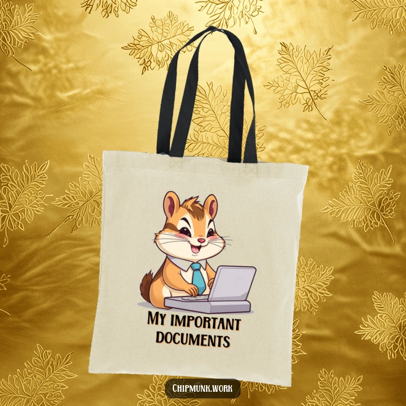 Funny Chipmunk Tote Bag: Chipmunk in a tiny tie, typing furiously with a smile, a stylish and funny accessory, great funny gift.