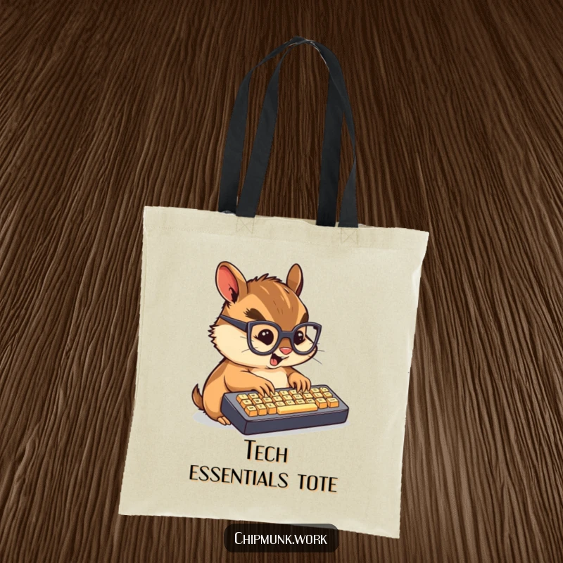 Funny tote bag with a chibi chipmunk wearing glasses, typing rapidly on a mini keyboard.